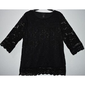 Black Lace Lined Stretch Top 3/4 Sleeves Pullover Glam Goth INVESTMENTS Sz LARGE